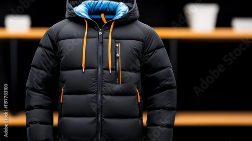 Black Puffer Jacket with Orange Accents photo