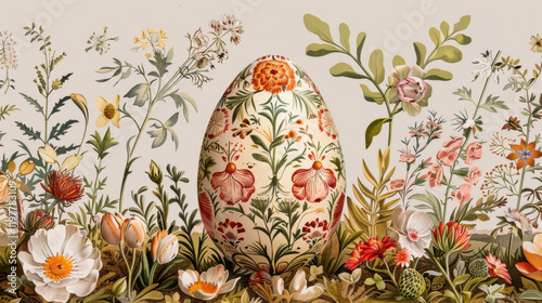 beautifully decorated egg surrounded by vibrant flowers and greenery, showcasing intricate floral patterns and colors. This artwork captures essence of spring and nature beauty photo