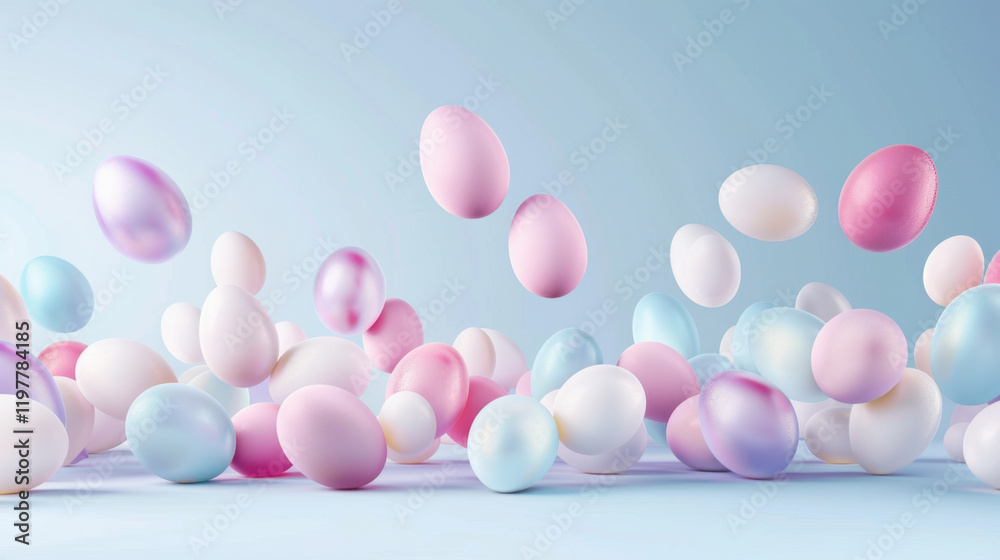 Colorful pastel eggs scattered on soft blue background create festive atmosphere, perfect for spring celebrations and Easter festivities Colorful pastel eggs scattered on soft blue background create festive atmosphere, perfect for spring celebrations and Easter festivities