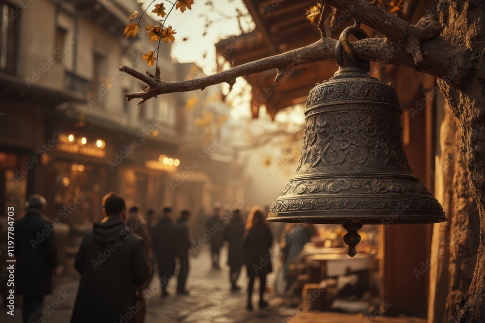 Fototapeta premium a bell hanging from a tree in a city street