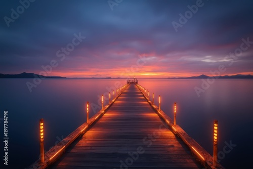 a long pier with lights on it at sunset