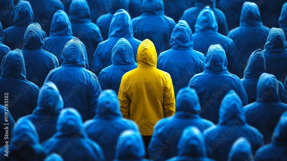 Obraz premium In a striking visual contrast, a single vibrant yellow figure stands out brightly against a sea of blue figures, symbolizing the powerful themes of individuality and uniqueness amidst conformity