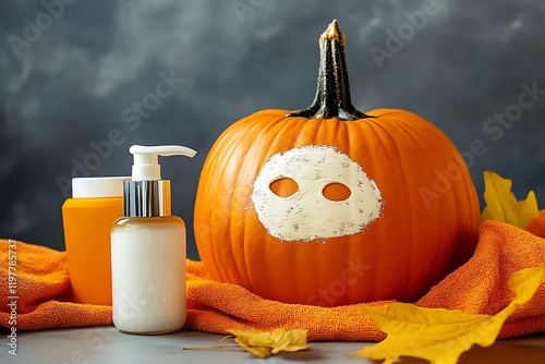 
Pumpkin with face mask and skin care products


