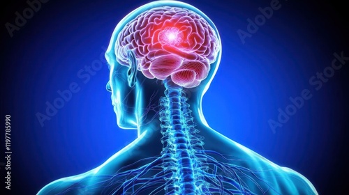 Illustration of a human brain and spinal cord, highlighting neurological aspects.
