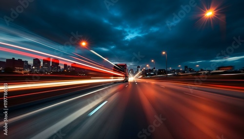 Long exposure of a red truck streaking on a city highway at dusk, capturing dynamic motion.