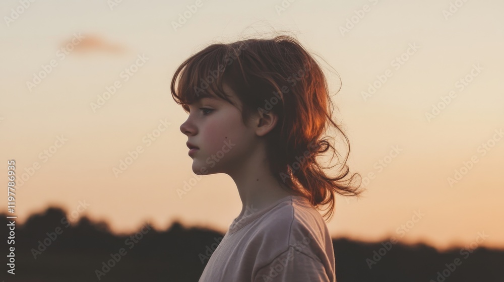 Girl with red hair in profile, sunset background. Girl with red hair in profile, sunset background.