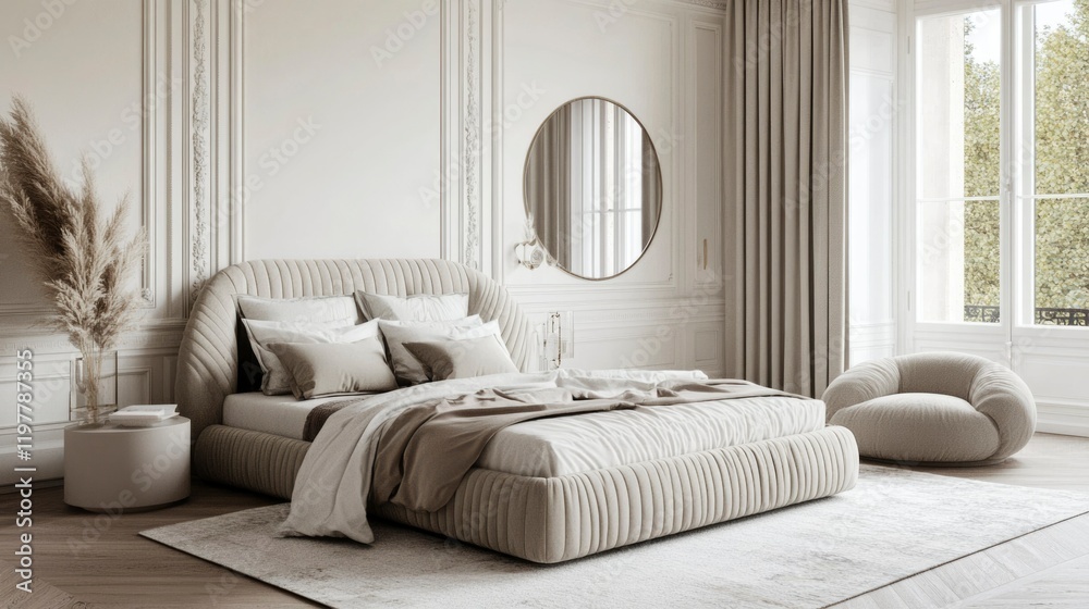 Fototapeta premium Elegant Beige Bedroom Interior Design Featuring a Modern Bed
