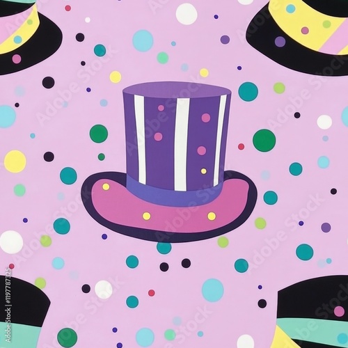 Mardi Gras theme with A purple background with a hat on it. The hat is purple and has a striped design. There are also other hats in the background photo