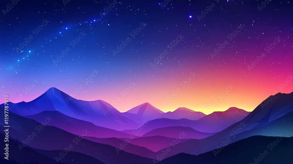 A vibrant digital landscape featuring mountains under a starry sky at dusk. A vibrant digital landscape featuring mountains under a starry sky at dusk.