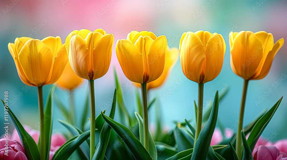 Obraz premium Row of yellow tulips with green leaves. The flowers are in a garden and the background is blue, mother's day concept