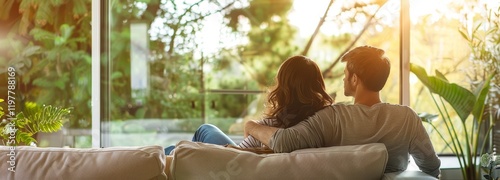 young couple relaxing on sofa at home or apartment