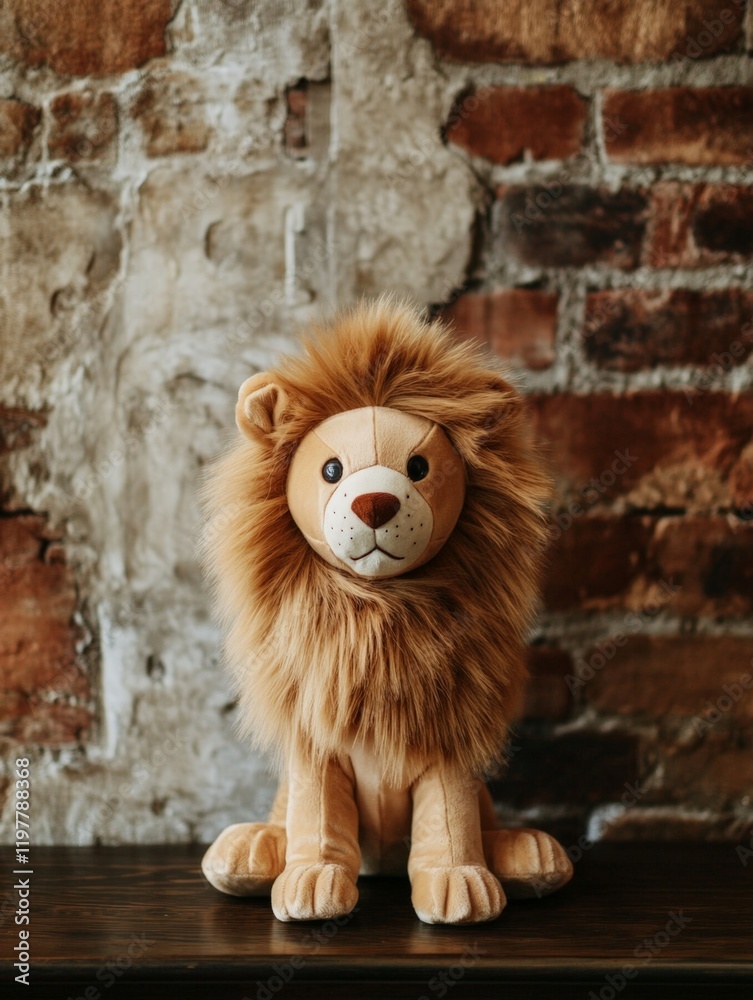 Naklejka premium A stuffed lion is sitting on a wooden table. The lion is brown and has a mane