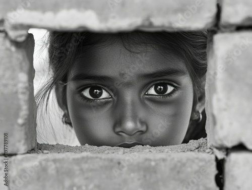 A Child Peering Through a Brick Wall