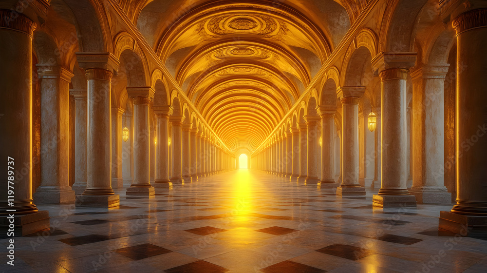 Golden Palace Hallway, Sunlight, Columns, Marble Floor, Archway Golden Palace Hallway, Sunlight, Columns, Marble Floor, Archway