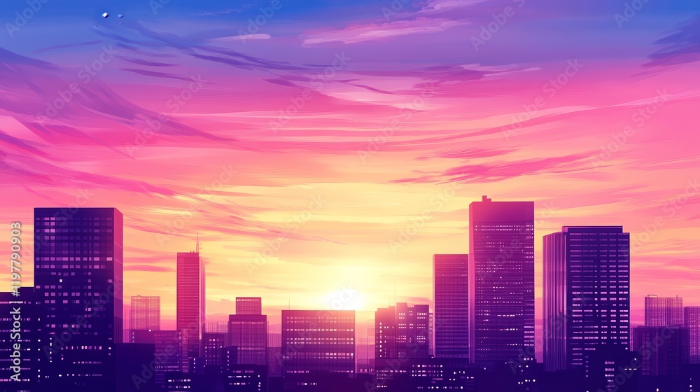 A vibrant sunset over a city skyline, showcasing silhouettes of buildings against colorful skies. A vibrant sunset over a city skyline, showcasing silhouettes of buildings against colorful skies.