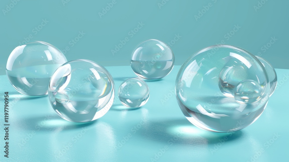 A collection of transparent bubbles on a light blue surface creating a serene and artistic composition. A collection of transparent bubbles on a light blue surface creating a serene and artistic composition.