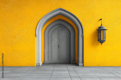 Grey door  yellow wall  lantern  entryway  design