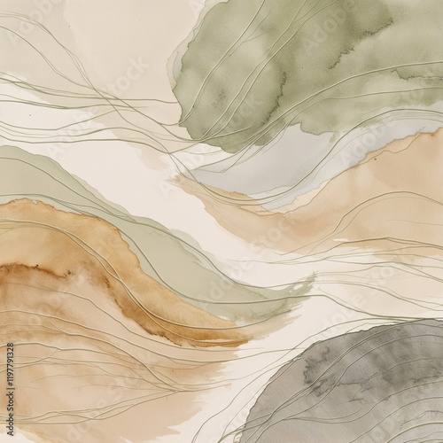 Abstract Watercolor Landscape Wall Art in Neutral Tones with Sage Green and Brown