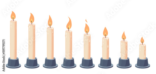 Candle flame for animation. Vector cartoon fire burning. Animated candlelight sprite sheet. Sequence of wax flickering candlesticks for games, videos, GIFs. Set of different icons on white background.