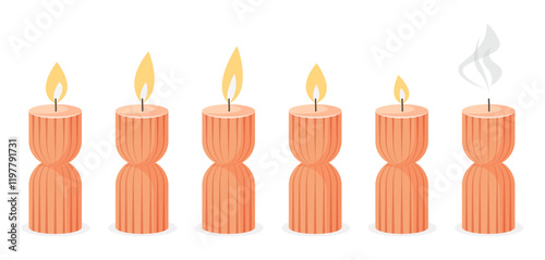 Candle flame for animation. Vector fire burning. Animated candlelight sprite sheet. Sequence of wax flickering decorative candles for games, videos. Set of different icons on white background.