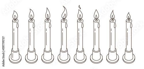 Candle flame animation. Vector asset of fire burning. Animated candlelight sprite sheet. Sequence of wax flickering candlesticks for games, videos. Set of different line designs on white background.