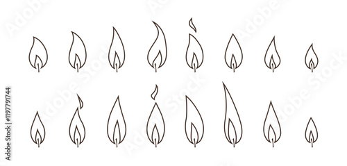 Candle flame animation. Fire vector icons. Symbols of burning candlelight, sprite sheet for videos or GIFs. Set of different black line signs. Illustration isolated on white background in flat style.