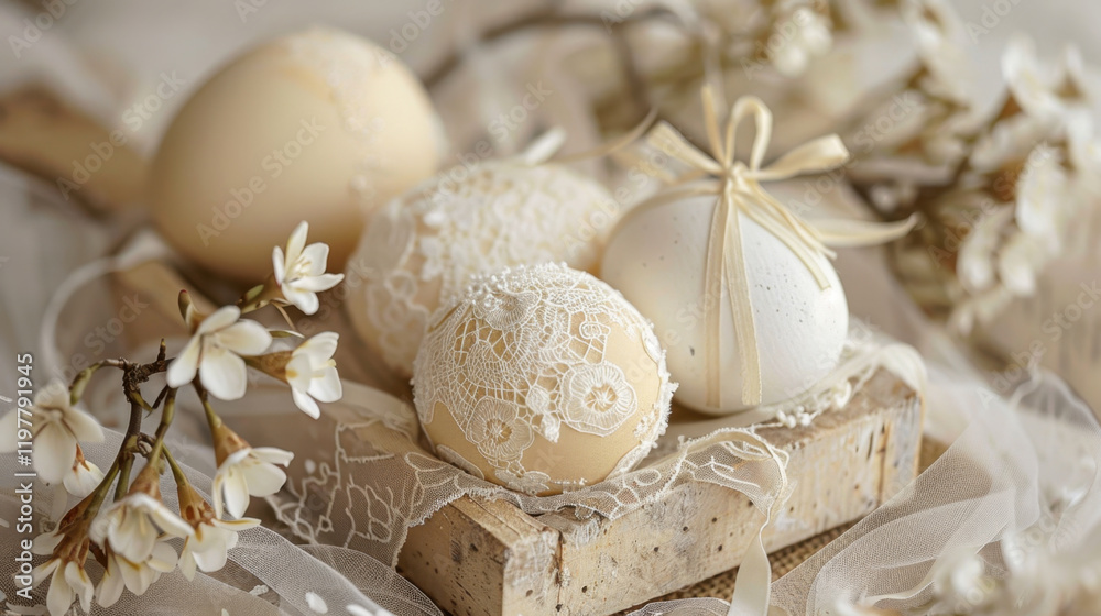 Fototapeta premium Elegant decorative eggs arranged on wooden tray, surrounded by delicate flowers and lace. Perfect for spring celebrations and Easter decor