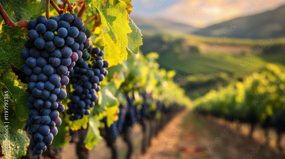 Fototapeta premium Vineyard during harvest with grapes and blurred rolling hills background