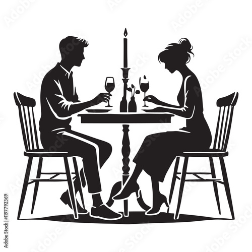 Elegant couple silhouette having a candlelight dinner - Romantic dinner vector, Couple illustration, Valentine silhouette
