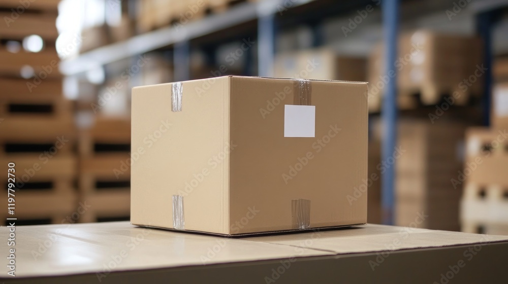 A cardboard box on a table in a warehouse, indicating storage or shipping purposes. A cardboard box on a table in a warehouse, indicating storage or shipping purposes.