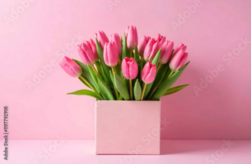 Wallpaper Mural Bouquet of pink tulips in a box on pink background Torontodigital.ca