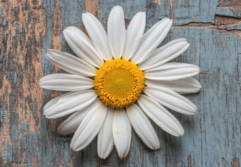Obraz premium A white flower with yellow center is on a wooden surface