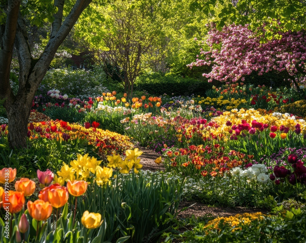 Fototapeta premium A garden with many different colored flowers, including yellow, orange, and pink