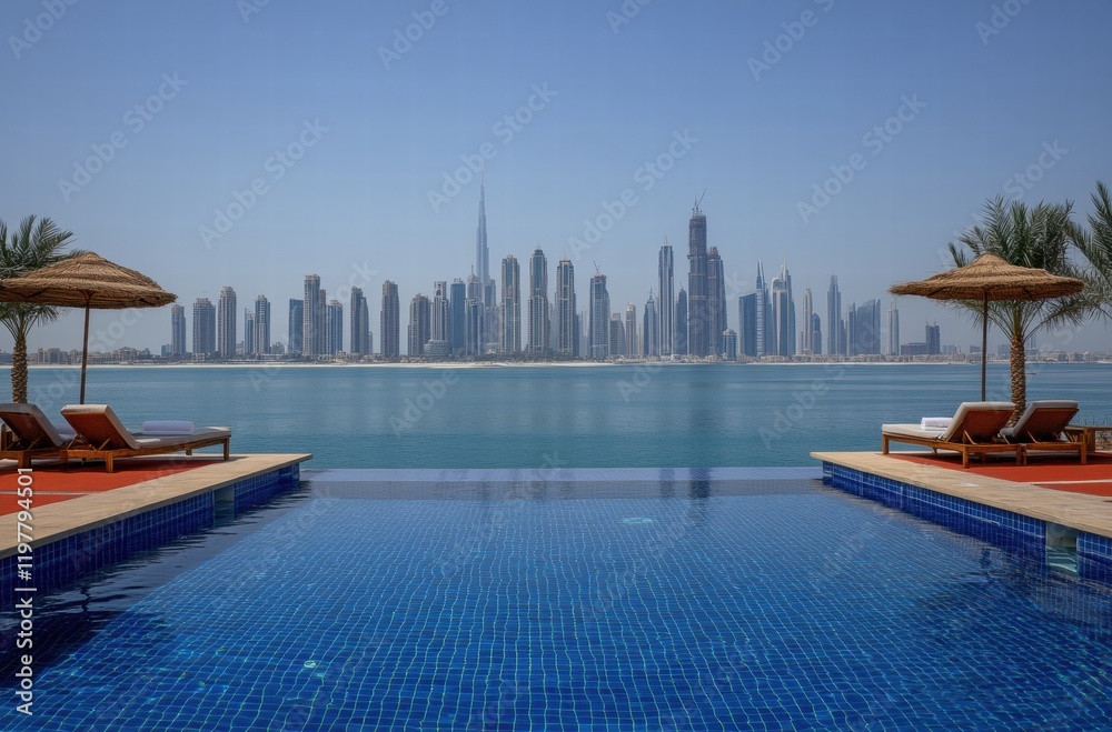 Fototapeta premium A pool with a city skyline in the background