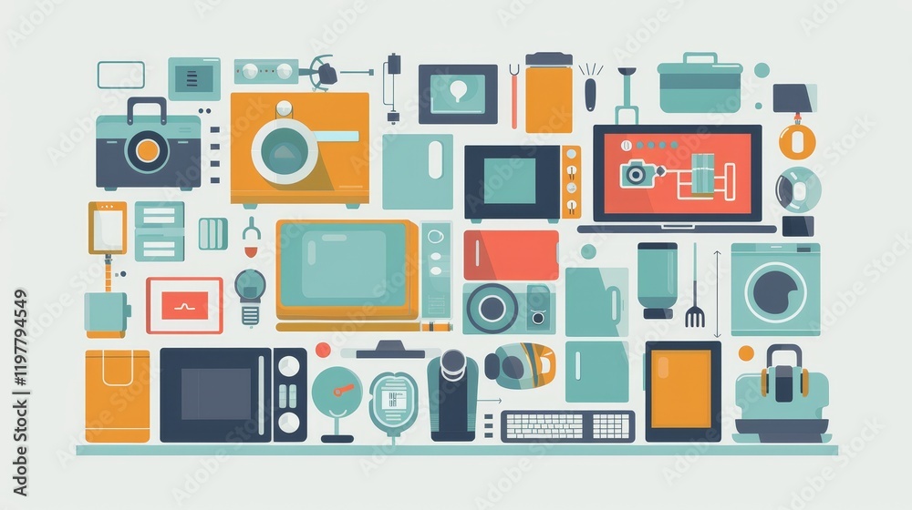 A colorful collection of various electronic devices and appliances arranged artistically. A colorful collection of various electronic devices and appliances arranged artistically.