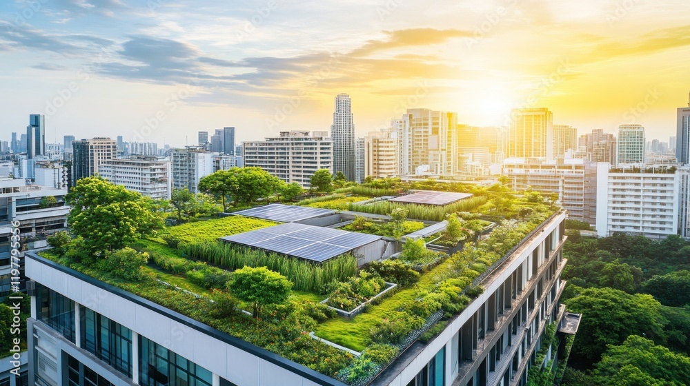 Obraz premium Eco-Friendly Cityscape: A Green Rooftop Garden at Sunset