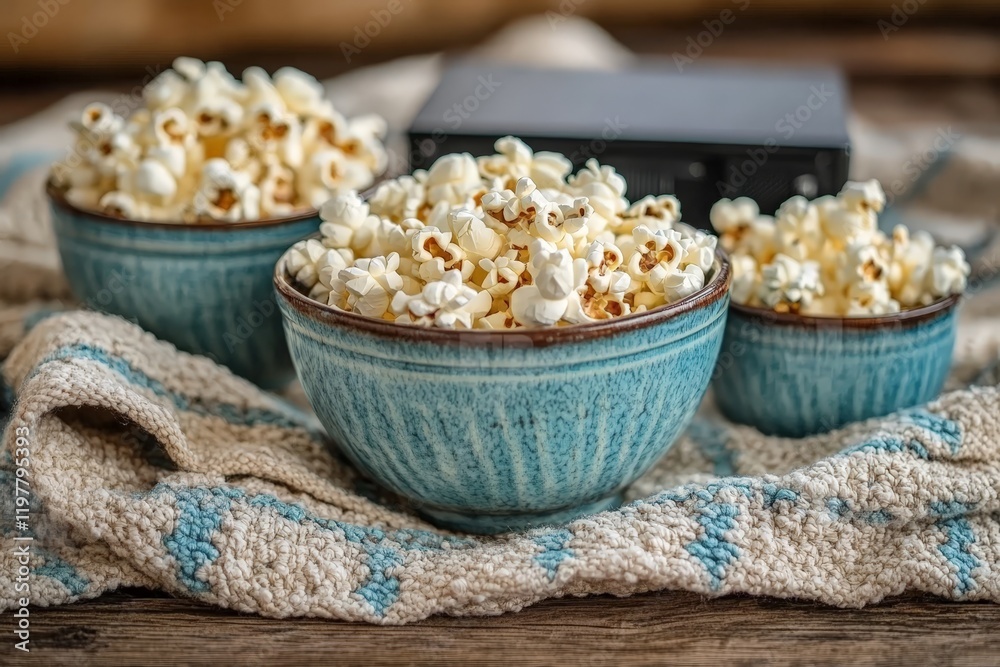 Three ceramic bowls filled with popcorn on a knitted blanket, evoking a warm and rustic atmosphere for a movie night or snack time. Three ceramic bowls filled with popcorn on a knitted blanket, evoking a warm and rustic atmosphere for a movie night or snack time.