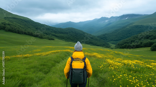 A young woman hiking in the mountains, surrounded by lush green fields and vibrant yellow flowers photo