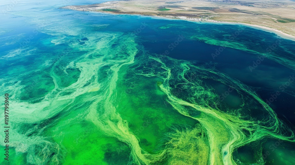 Fototapeta premium Aerial View of Green Algae Bloom in Coastal Waters