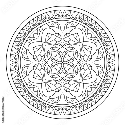 Hand drawn floral design circular shape. drawing of botanical, natural theme. coloring book page, decoration, background, tattoo, wallpaper, sticker.