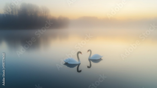Two swans gracefully forming a heart shape with their necks on a peaceful river at sunset photo