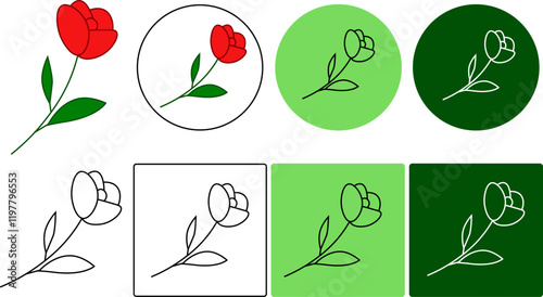 Red flower in graphic line style vector logo. silhouette floral sigh isolated. Single flower icon for logo, print stamp design element.