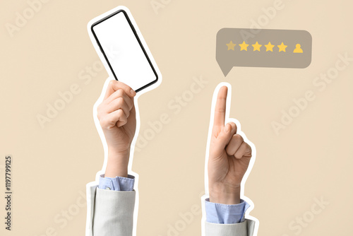 Businesswoman with mobile phone pointing at something on beige background