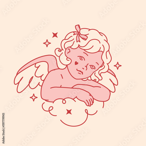 Vintage baby girl angel with a bow and wings resting on a cloud. Line art pink tone print, sticker or tattoo. Aesthetic of love and innocence for Valentine's Day, maternity, girly themed projects