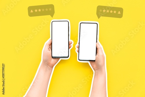 Hands of person with mobile phones responding to survey on yellow background