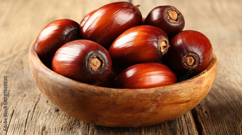 A wooden bowl filled with shiny, reddish-brown chestnuts on a rustic wooden surface. A wooden bowl filled with shiny, reddish-brown chestnuts on a rustic wooden surface.