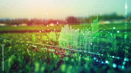 Large Green Farm with Rows of Crops Stretching Across the Horizon, with Blurred Background of Agriculture Market Charts Showing Crop Yield Trends and Pricing Forecasts