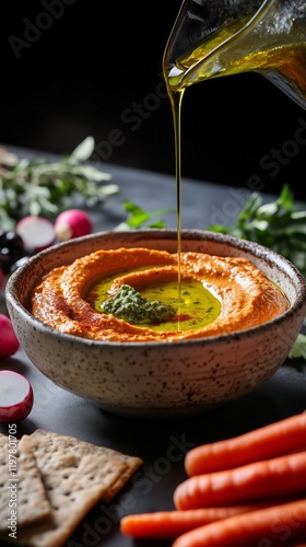 dynamic shot showcasing a selection of special spreads and dips in motion, with a dramatic splash of olive oil mid-pour over a vibrant roasted red pepper hummus in a hand-thrown ceramic bowl photo