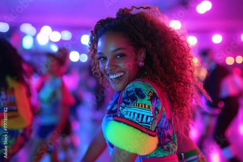 80s Roller Rink: Teenagers with Neon Outfits and Big Hair photo