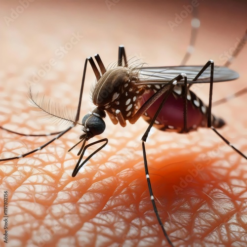 3d blood-sucking malaria mosquito sitting on the skin  photo